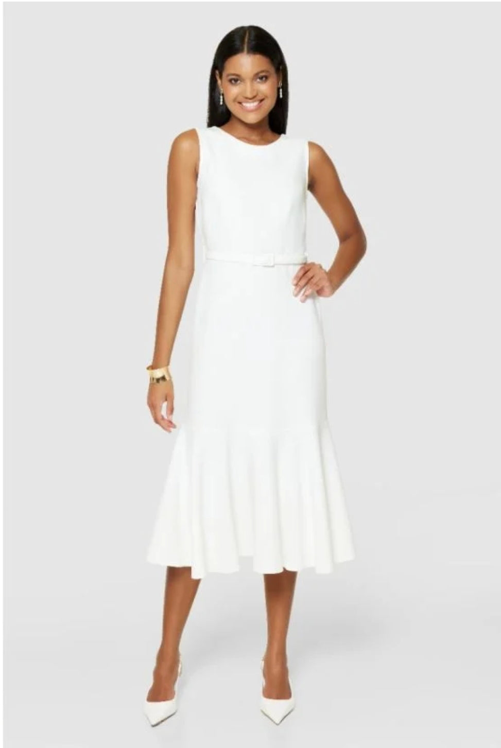 open lace back dress Women’s Peplum Pencil Dress – Modest Structured Work Dress with Elbow Sleeves Ivory / S at SexyModest main image 0