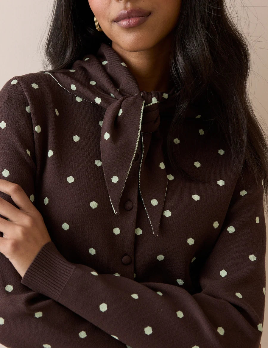 Polka Dot Jacquard Cardigan With Neck Tie