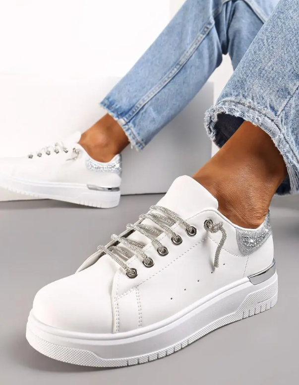 Bright White Trainer with Rhinestone