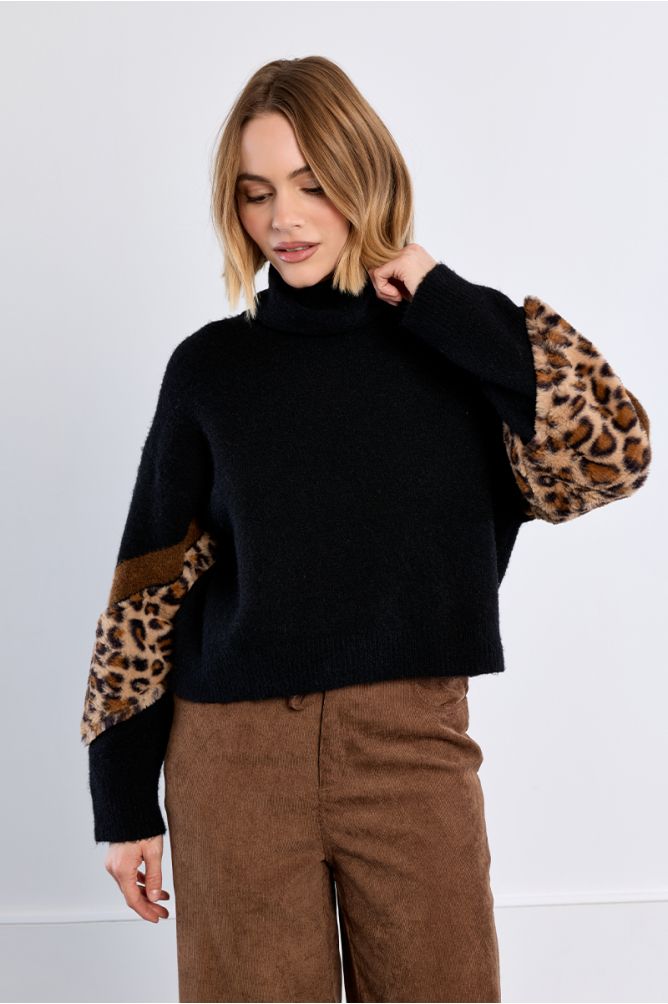 Leopard Sleeve Turtleneck Jumper