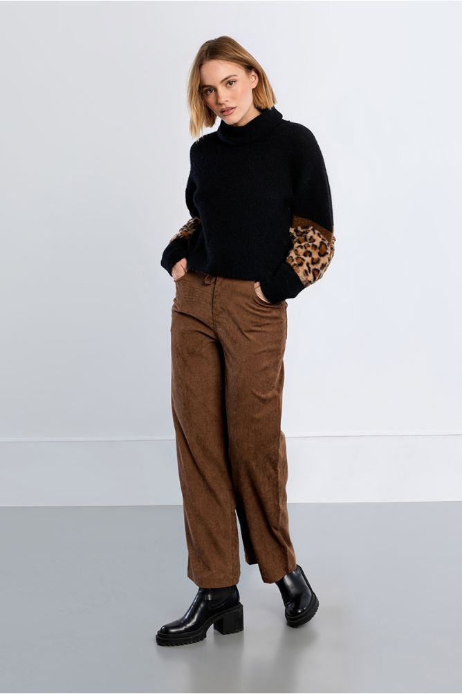 Leopard Sleeve Turtleneck Jumper