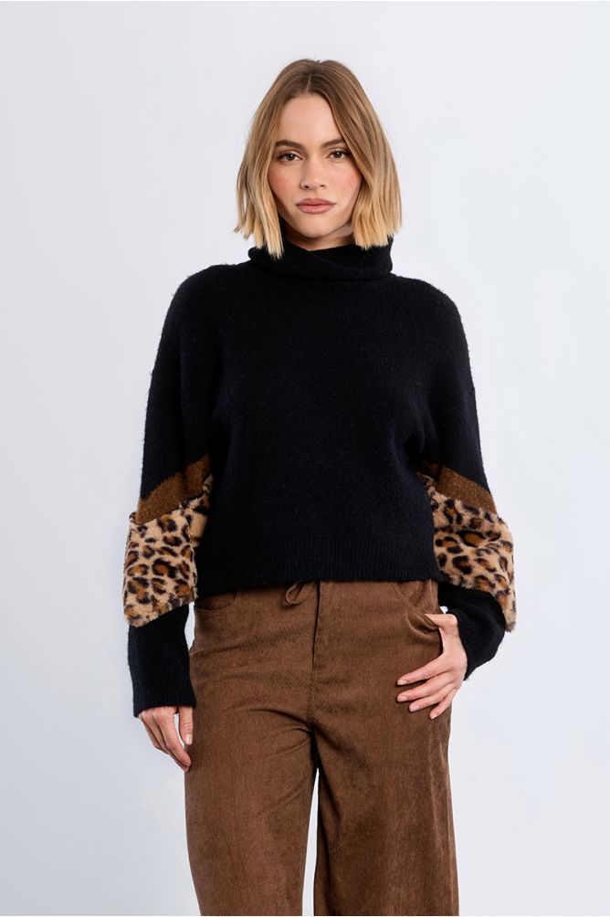 Leopard Sleeve Turtleneck Jumper