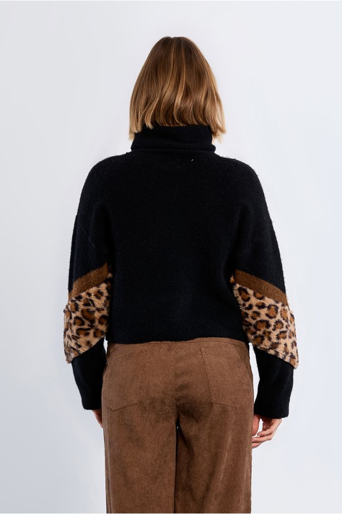 Leopard Sleeve Turtleneck Jumper